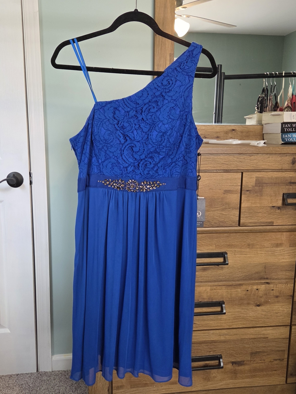Adrianna Papell Royal Blue One-Shoulder Lace Bodice Dress